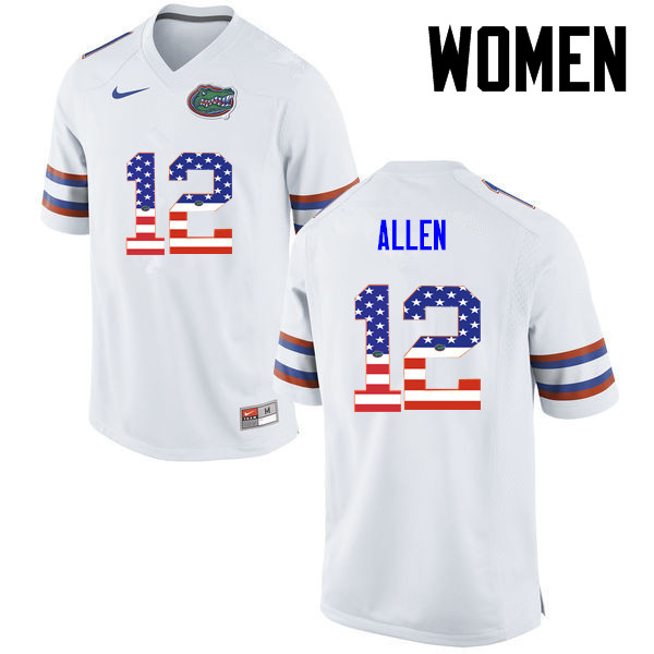 Women Florida Gators #12 Jake Allen College Football USA Flag Fashion Jerseys-White